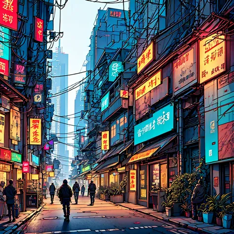 Cyberpunk city from sci-fi movie, empty street, night, chinoiserie buildings, old shop, irregular, circuit boards, wires, intric...