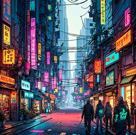 Cyberpunk city from sci-fi movie, empty street, night, chinoiserie buildings, old shop, irregular, circuit boards, wires, intric...