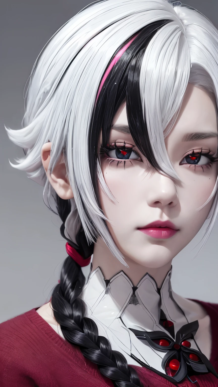 girl，White hair，Black Hair，Colorful Hair，short hair，Straight Hair，Long braids，Glowing red eyes，Red X pupil（focus），Sharp facial features，White skin，Pink lips，Soft and tender，sad，pink sweater，Huge ，Half Body