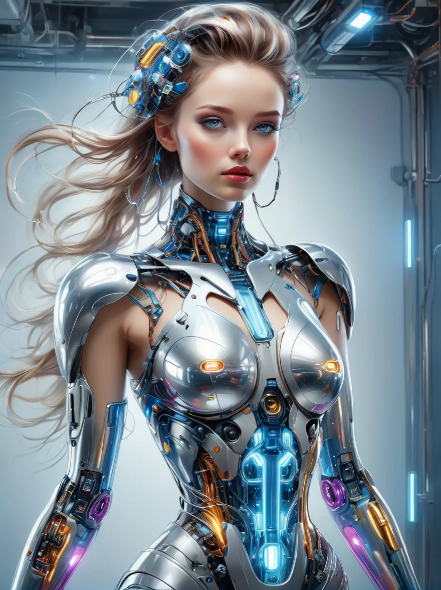 ein Bild einer Frau mit bunter Robotertechnik, im Stil des frei fließenden Surrealismus, glänzend, glänzend, präzise und lebensecht, Modellierung harter Oberflächen, Präzisionslinien, helles Silber und Azurblau, Ingenieurwesen, Konstruktion und Design, ganzer Körper, Von Kopf zu Fuß, Metallische High Heels, Laserlichtstrümpfe, Pop-Art, Realismus, Tonalismus, Verismus, Filmkorn, funkeln, Weiter Winkel, Cowboy-Schuss, UHD, Meisterwerk, genau, anatomisch korrekt, Strukturierte Haut, preisgekrönt, beste Qualität, 8k