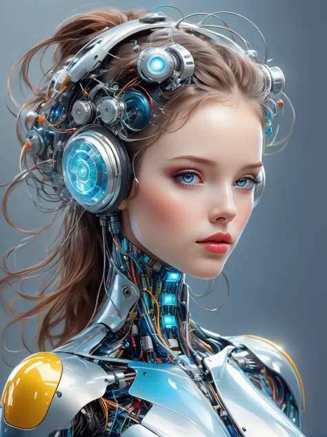 a image of a woman wearing colorful robot tech, in the style of free-flowing surrealism, shiny, glossy, precise and lifelike, ha...