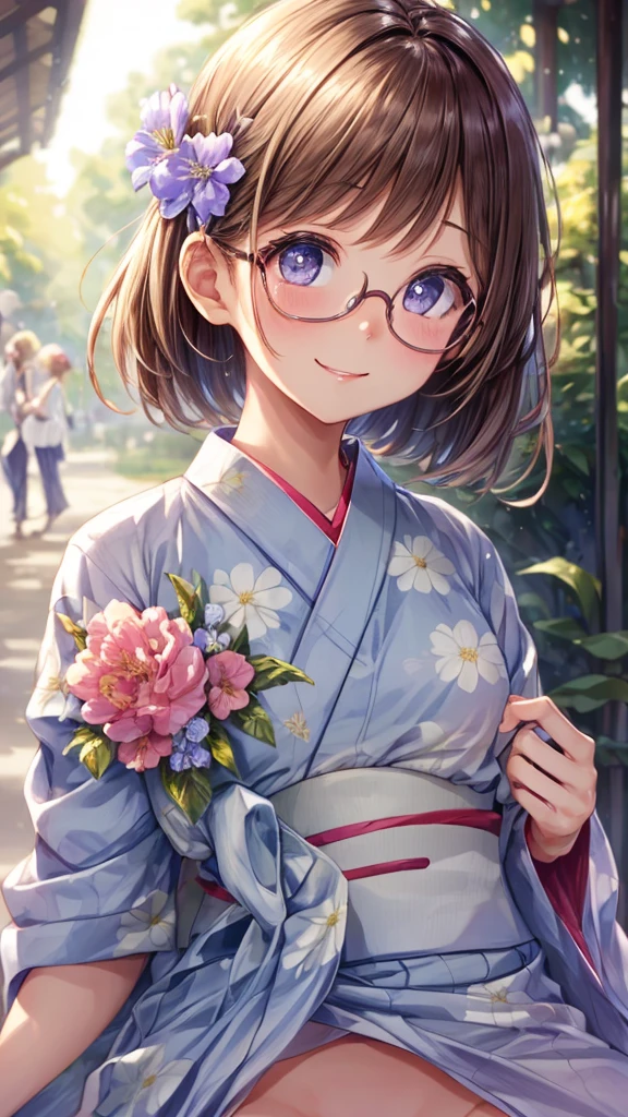 (masterpiece, highest quality:1.4), Beautiful Face, 8k, 85mm, Absurd, (Floral Yukata:1.4), Face close-up, violet, Gardenia, Delicate girl, alone, night, View audience, Upper Body, Film Grain, chromatic aberration, Sharp focus, Face Light, Professional Lighting, Sophisticated, (smile:0.4), (Simple Background, Bokeh Background:1.2), detailed aspects,(((Showing one nipple:0.57))),((Very young and small:1.2),(Pink glasses and a flower in her hair:1),((Show your vagina:1.5)),