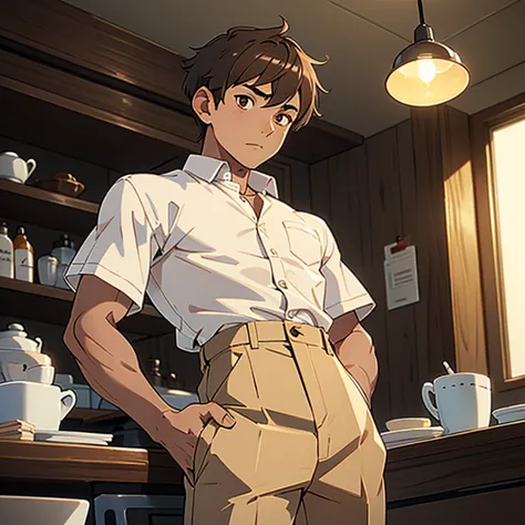 1 boy, short hair with brown tapering, brown eyes, fit,  wearing a white button-down shirt, and light brown pants 