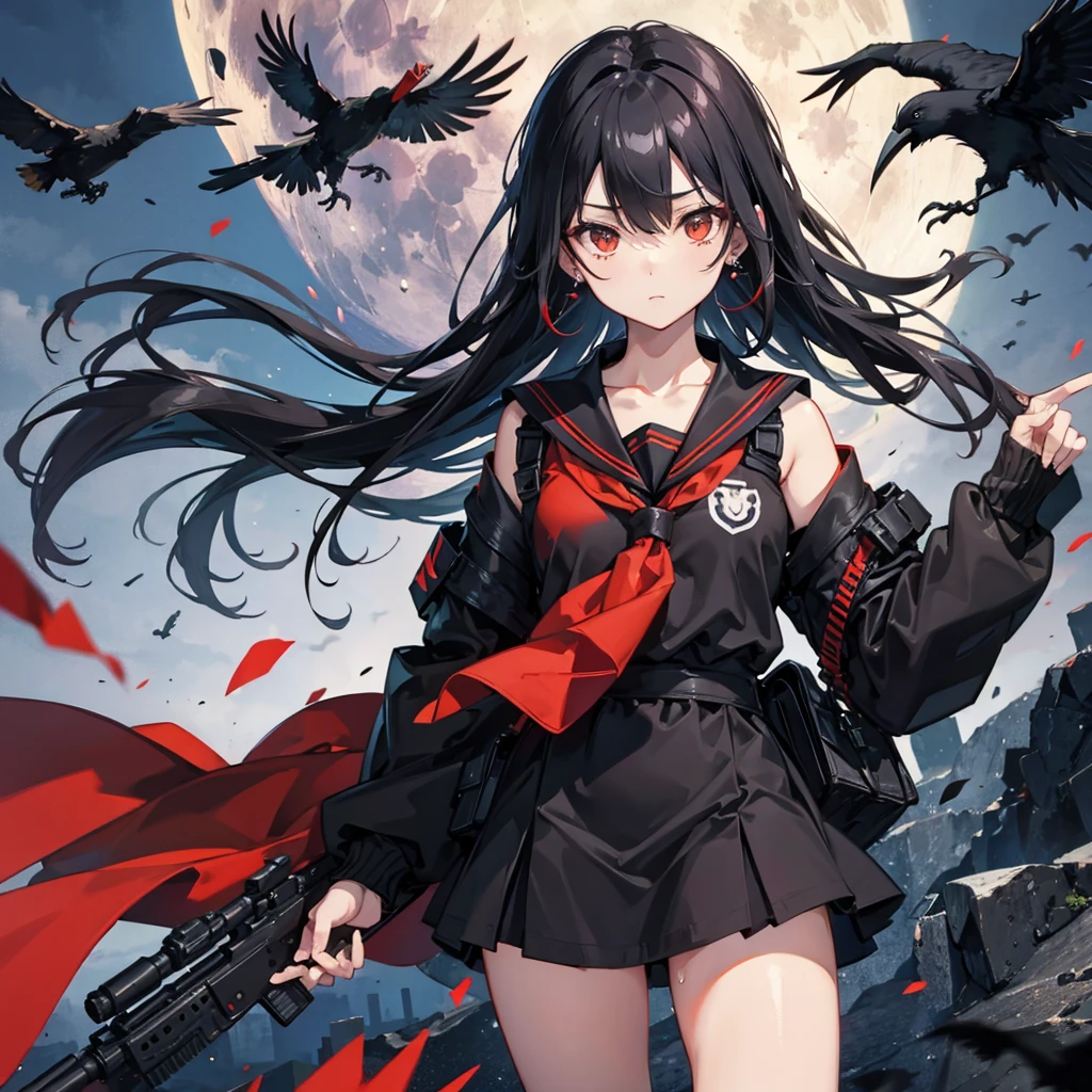 ((Black Hair　Long Hair　sniper rifle　Close one eye)，((Crow　night　Red full moon))，(Rooftop　Drop shoulder　Sailor suit　Shiny earrings　)，　Spread your legs out to the side　Sweat　A tense look　Rin々Funny face