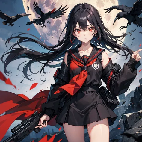 ((Black Hair　Long Hair　sniper rifle　Close one eye)，((Crow　night　Red full moon))，(Rooftop　Drop shoulder　Sailor suit　Shiny earring...
