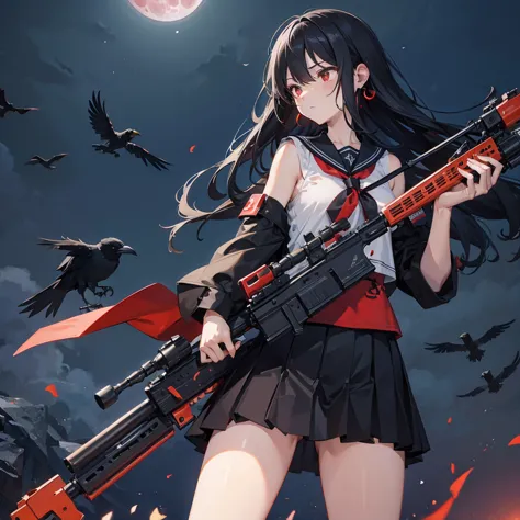 ((Black Hair　Long Hair　sniper rifle　Close one eye)，((Crow　night　Red full moon))，(Rooftop　Drop shoulder　Sailor suit　Shiny earring...
