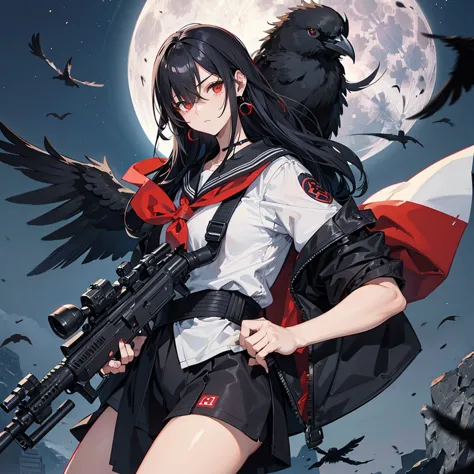 ((Black Hair　Long Hair　sniper rifle　Close one eye)，((Crow　night　Red full moon))，(Rooftop　Drop shoulder　Sailor suit　Shiny earring...