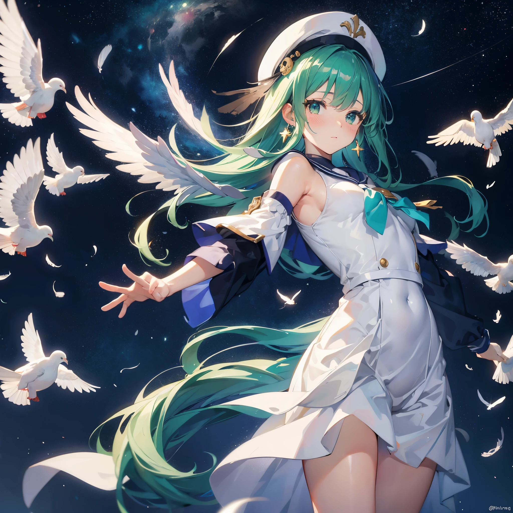 ((fluffy feathers　Crying face　shining tears　suffering)，((white dove　Big full moon))，(End of the Galaxy　shooting star　Drop shoulder　Sailor suit　Shiny earrings　Green Hair　Long Hair)，　hat　Lying on your back　look up　Reach out