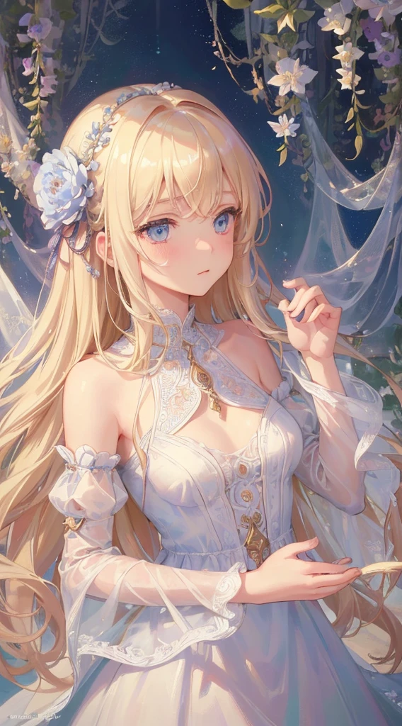 Art by Cornflower,((highest quality)), ((masterpiece)), ((Ultra-detailed)), (Very delicate and beautiful),Mysterious figure covered in translucent cloth,A girl with beautiful, detailed eyes,Abstract and mysterious girl, Long blonde hair, A swirl of dreamy pastel colors and soft light, Evokes a sense of serene serenity and elusive beauty,Attention to detail,Non-expressive,Imaginative