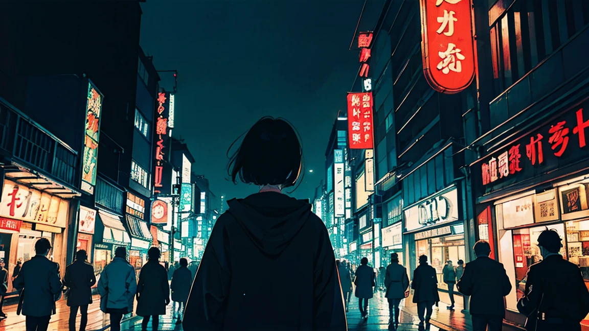 Tokyo at Night, Neon Town, Multiple signs,  Neon Black, (Backlight: 1.1), Hard Shadows, masterpiece, highest quality, Complex, Model shooting style, Vintage, Film Grain, Incomplete details