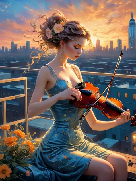 A soulful musician playing the violin on a rooftop at dusk, sheet music, musical notes, reflective, city skyline, dramatic sunse...