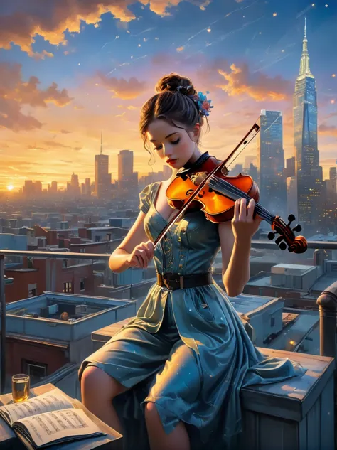 A soulful musician playing the violin on a rooftop at dusk, sheet music, musical notes, reflective, city skyline, dramatic sunse...