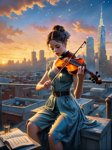 a soulful musician playing the violin on a rooftop at dusk, sheet music, musical notes, reflective, city skyline, dramatic sunse...