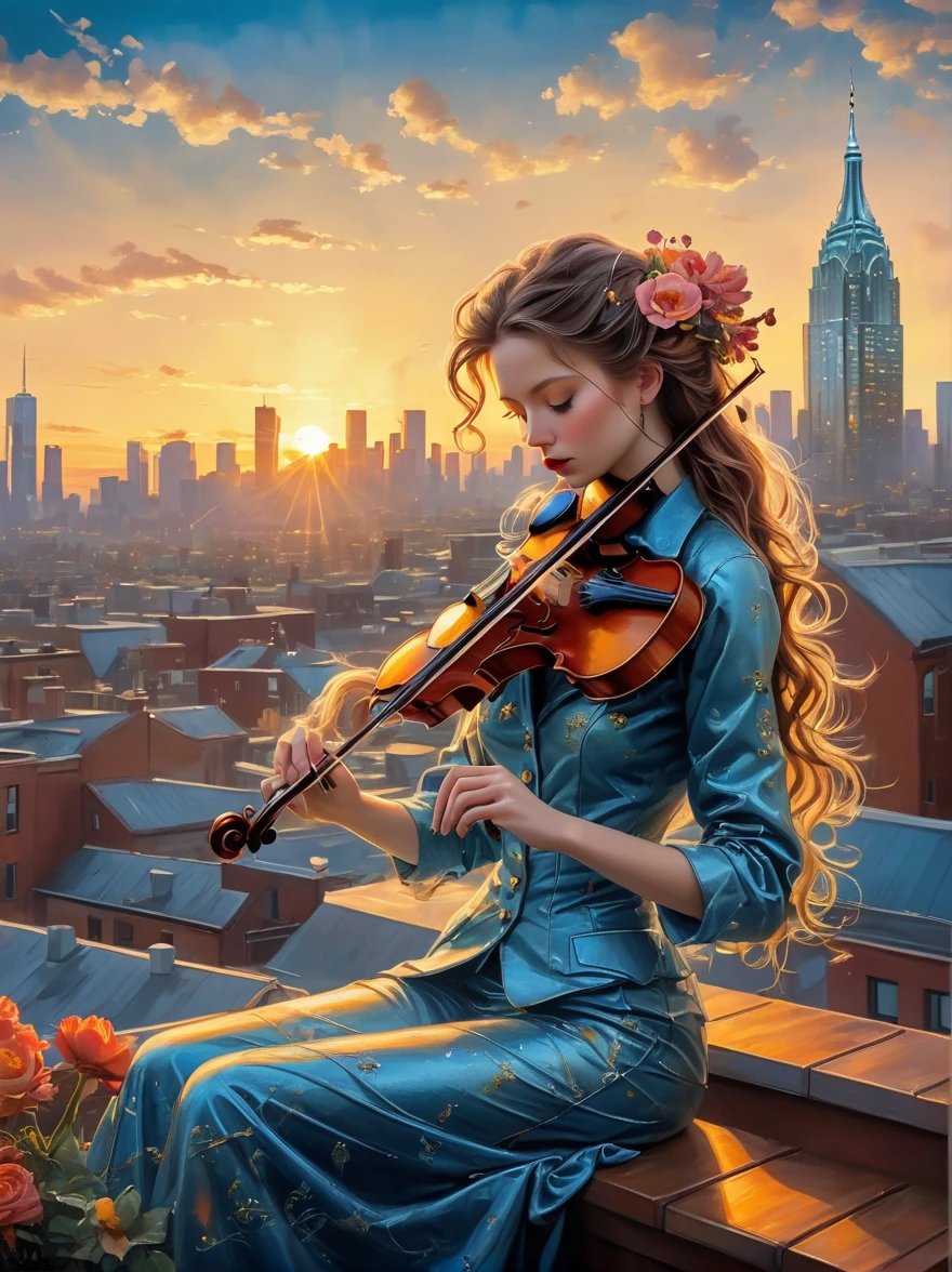 A soulful musician playing the violin on a rooftop at dusk, sheet music, musical notes, reflective, city skyline, dramatic sunset, surrealistic oil painting by James Jean, Van Gogh, Mark Ryden, and Robbie Trevino, pop cyberpunk steampunk flowerpunk, atompunk, cinematic, wallpaper