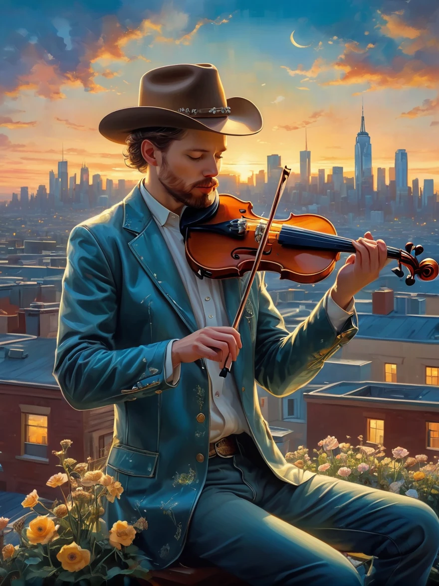 A soulful musician playing the violin on a rooftop at dusk, sheet music, musical notes, reflective, city skyline, dramatic sunset, surrealistic oil painting by James Jean, Van Gogh, Mark Ryden, and Robbie Trevino, pop cyberpunk steampunk flowerpunk, atompunk, cinematic, wallpaper