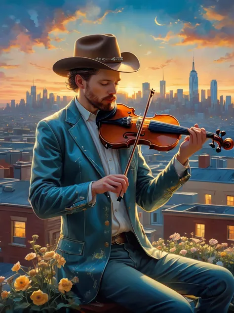 A soulful musician playing the violin on a rooftop at dusk, sheet music, musical notes, reflective, city skyline, dramatic sunse...