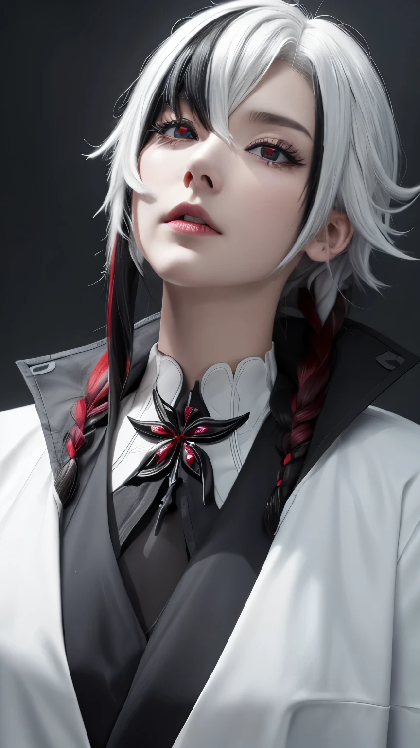 （，4K，high resolution，masterpiece：1.2），Ultra-detailed，Realism，White hair，Black Hair，Colorful Hair，short hair，Straight Hair，White hair long braid，Glowing red eyes，Red X pupil（focus），naughty girl，Low collar white collar，Stand on tiptoe，Long legs，major，Portrait，Beautiful and detailed eyes、gaze、Focus、Bright colors、Studio Lighting