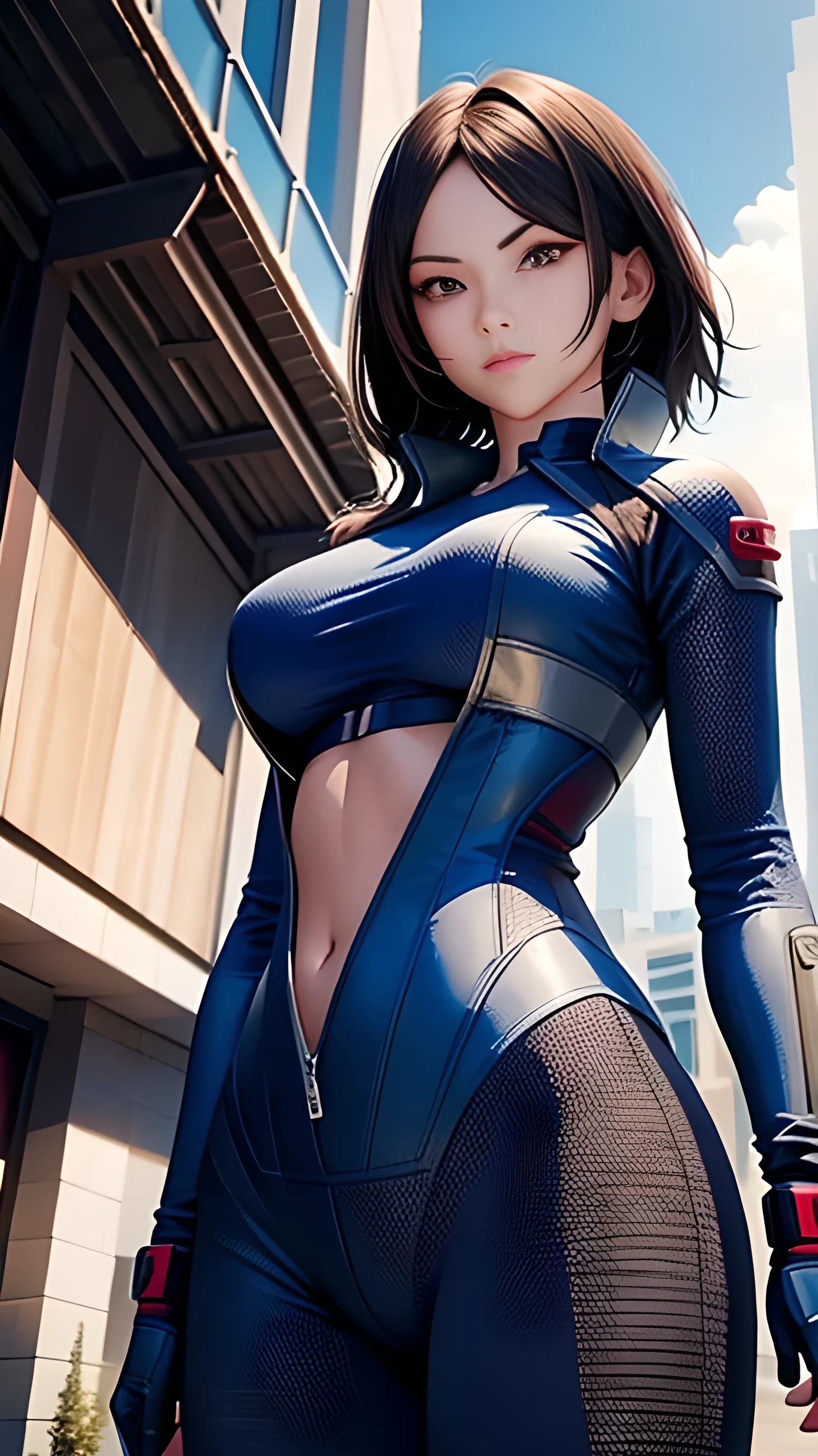 Dynamic Perspective, A woman stands in front of a giant robot, ((Ultra-high resolution, Ultra-realistic)), masterpiece, Beautiful woman with red eyes, highest quality, 1girl, realistic, solo