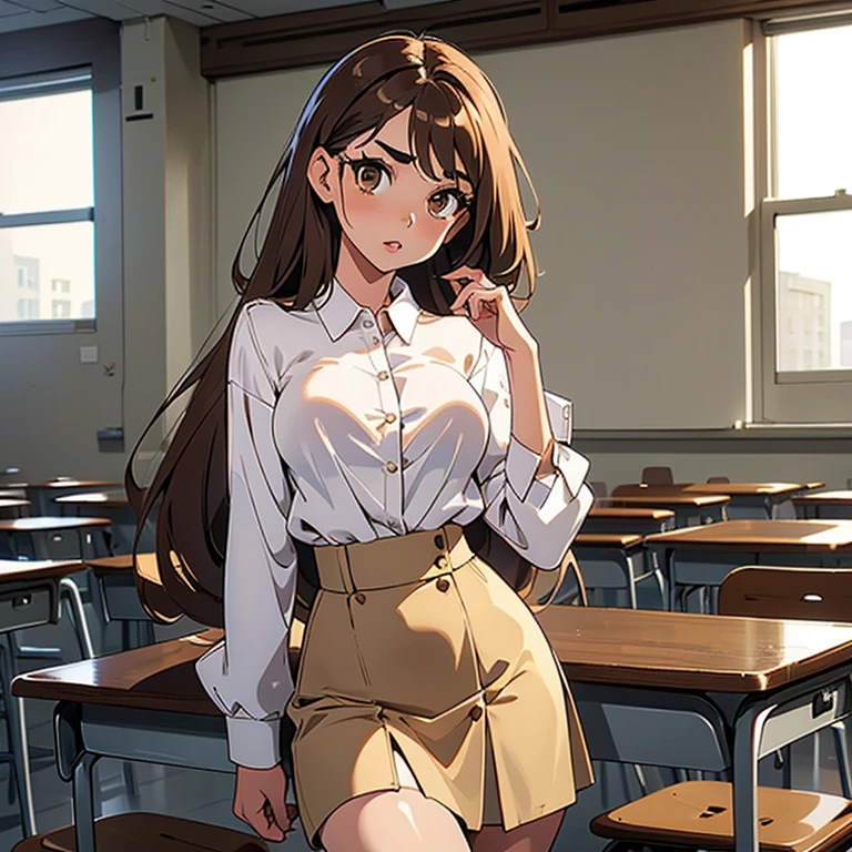 Third plane a young girl, white mask,A beautiful slim figure, small breasts, beautiful figure painting, hair Brown and long, thick lips, medium eyebrows, light brown eyes,Wearing a white button down shirt, and a long light brown skirt, in a classroom 