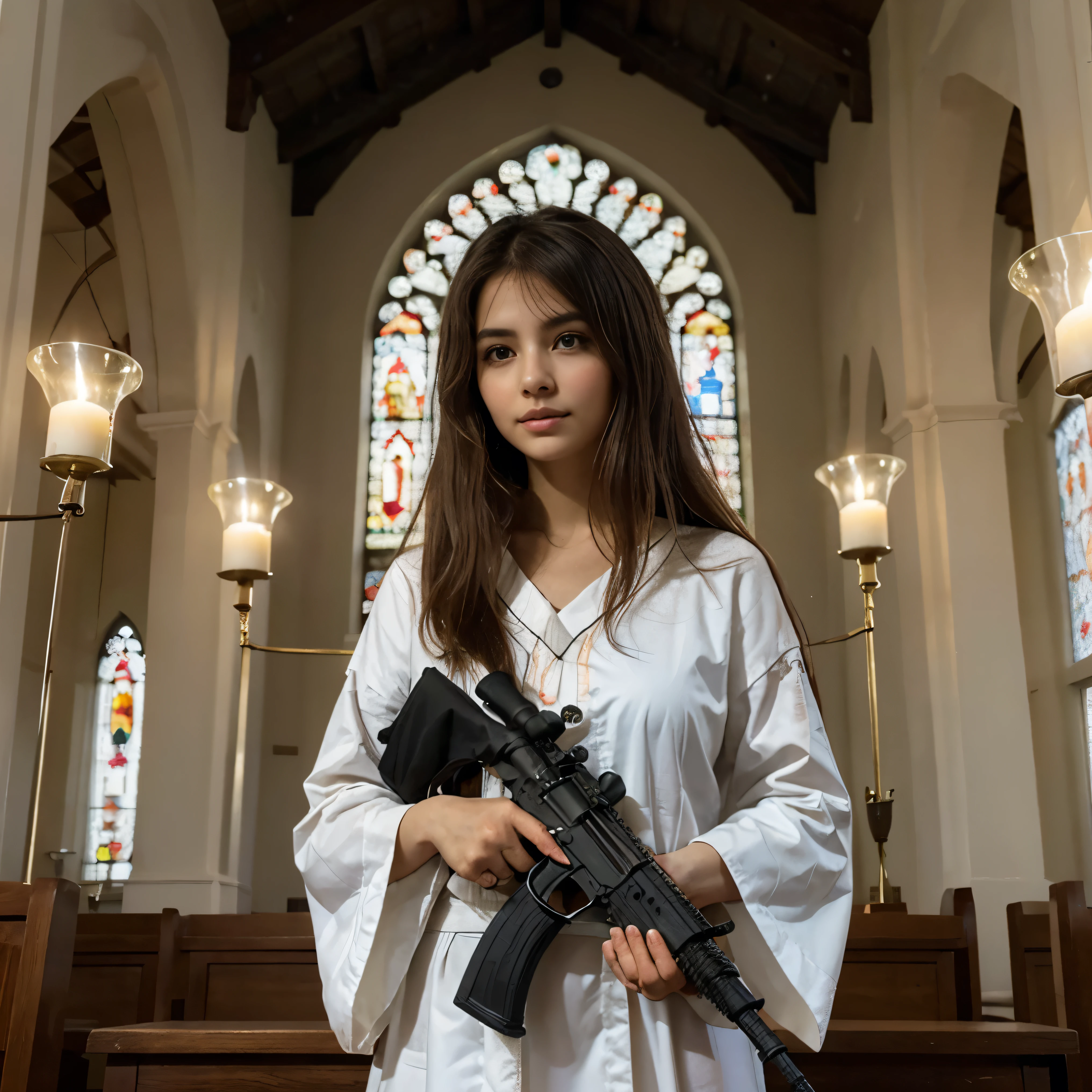 (highest quality、4k、8k、High Resolution、masterpiece:1.2)、Super detailed、(Real、Photorealistic、Photorealistic:1.37)、A young and very beautiful nun、(((Hide hair:1.4)))、View your viewers、Standing pose、At the altar of the chapel、(Carrying an OTs-14 Groza assault rifle and aiming it at the viewer:1.4)、cr1r3、lora:Mary_N_RV2_150:0.7、natural breasts、Soft natural light、Intense gaze、Calm expression 、Simple Background、Subtle brush strokes、Bright colors、Sacred atmosphere、Pure and elegant、Serene beauty、Meticulous attention to detail、Elegant posture、Gentle smile、Traditional Costume、Quiet environment、Aura of Spirituality、Symbolic and religious elements、Warm golden tones、Delicate facial features、Sublime Painting、Faith and dedication、spiritual awakening、Pure Purity、Mysterious atmosphere、Sublime aesthetics、Prayer nun、Candlelit interior、Sacred lighting、Mindful contemplation、Divine Being、Sacred Silence、Sophisticated composition、ethereal shine、Dreamlike quality、Elegance、Inner peace、Silence of the soul、Spiritual journey
