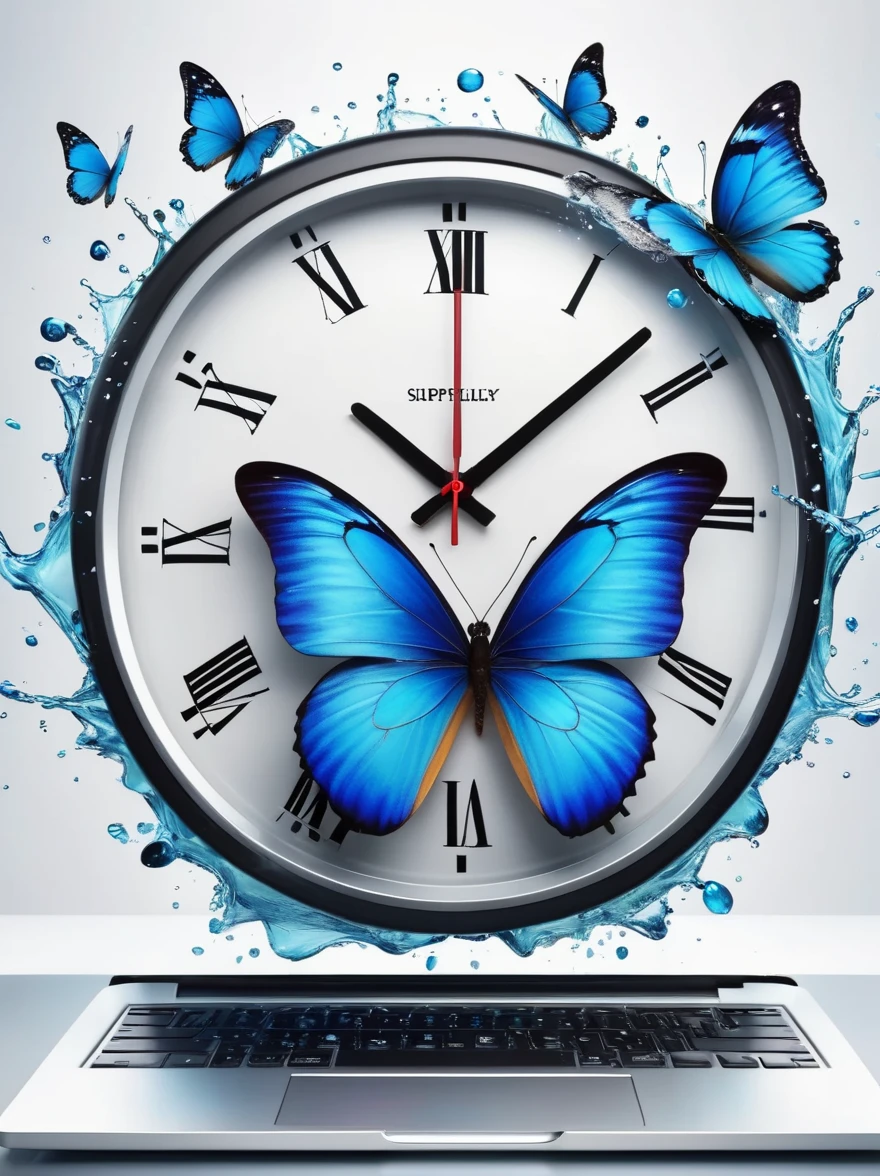 The clock on the laptop screen is ticking，hyper-realistic illustration，Splash of Color，blue butterfly，Speed and movement style，The background is displayed in white
