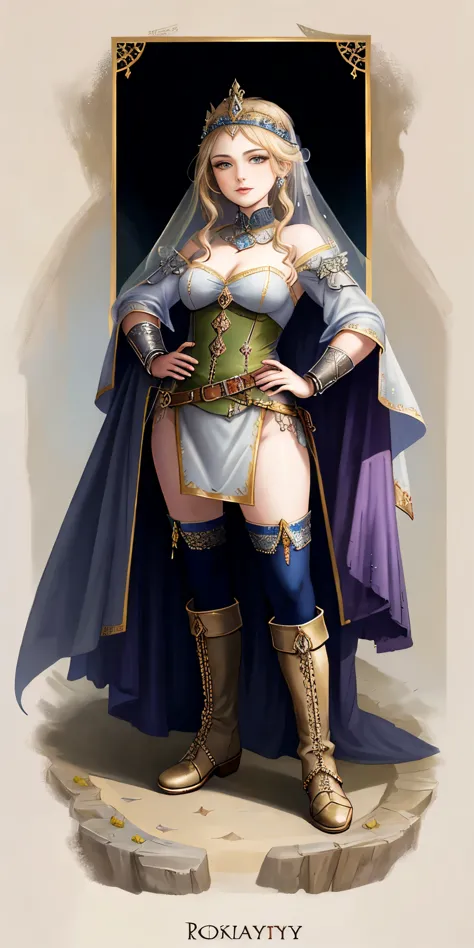 full body of a woman in a dress with a veil, feet together, standing feet together, military boots, beautiful fantasy maiden slave warrior, beautiful fantasy art portrait, fantasy victorian art, medieval fantasy art, beautiful and elegant queen Roxxane, po...