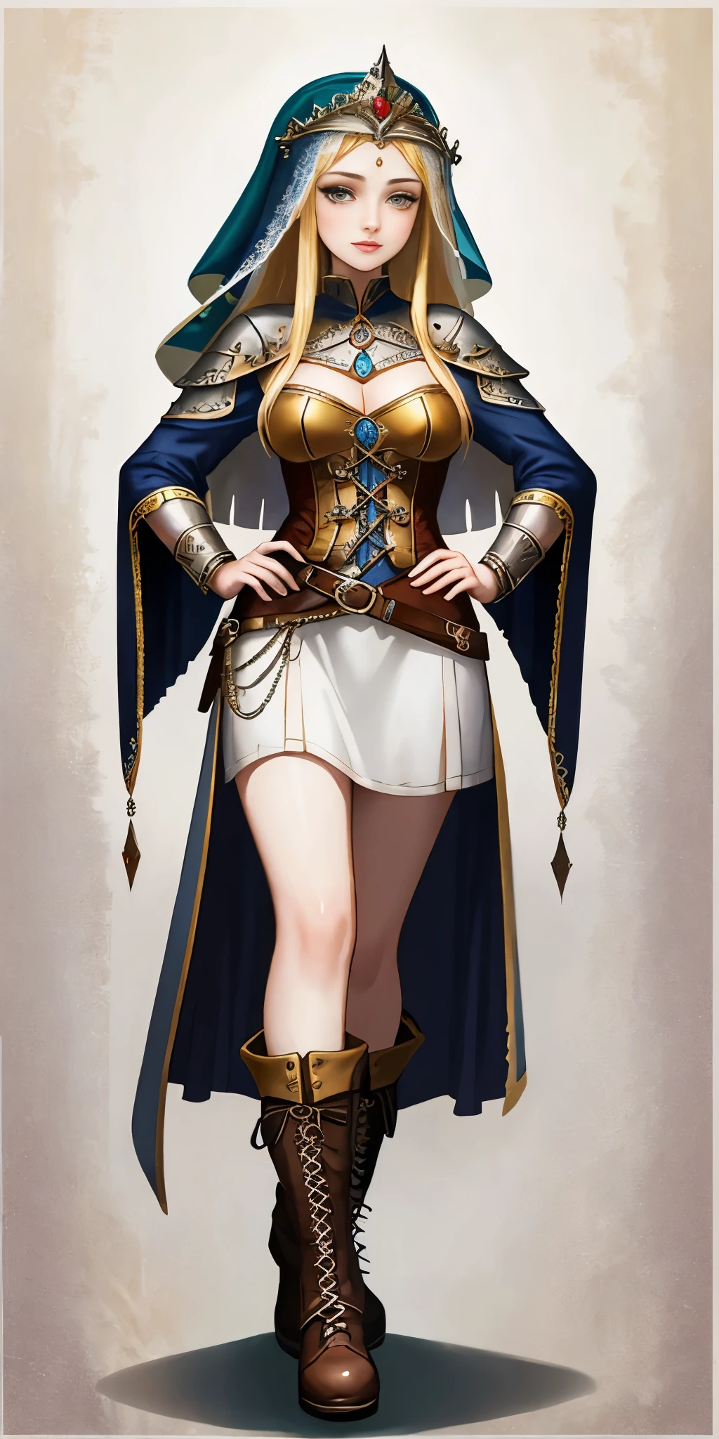 corpo inteiro de uma mulher em um vestido com véu, PÉS JUNTOS, standing PÉS JUNTOS, botas militares, linda fantasia donzela escrava guerreira, lindo retrato de arte de fantasia, arte vitoriana de fantasia, arte de fantasia medieval, linda e elegante rainha Roxxane, retrato da rainha da luz, arte de retrato de fantasia, arte de fantasia gótica, uma linda imperatriz de fantasia, ((fundo branco)) mãos nos quadris