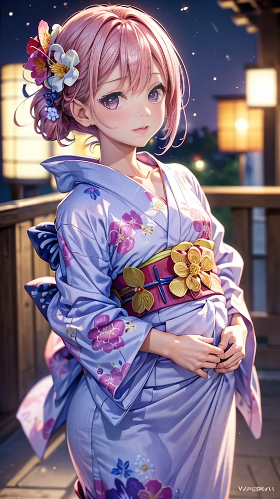 (masterpiece, highest quality:1.4), Beautiful Face, 8k, 85mm, Absurd, (Floral Yukata:1.4), Face close-up, violet, Gardenia, Delicate girl, alone, night, View audience, Upper Body, Film Grain, chromatic aberration, Sharp focus, Face Light, Professional Lighting, Sophisticated, (smile:0.4), (Simple Background, Bokeh Background:1.2), detailed aspects,(((Showing one nipple:0.57))),((Very young and small:1.2),(Pink hair with flowers:1),((Show your vagina:1.2)),(Cum flowing from the vagina),(Womanizer in the vagina),