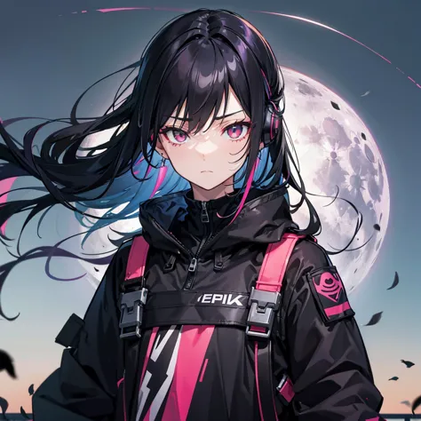 ((Black Hair　Long Hair　sniper rifle　Close one eye)，((Crow　night　Red full moon))，(Rooftop　Drop shoulder　Sailor suit　cyber punk　Sh...