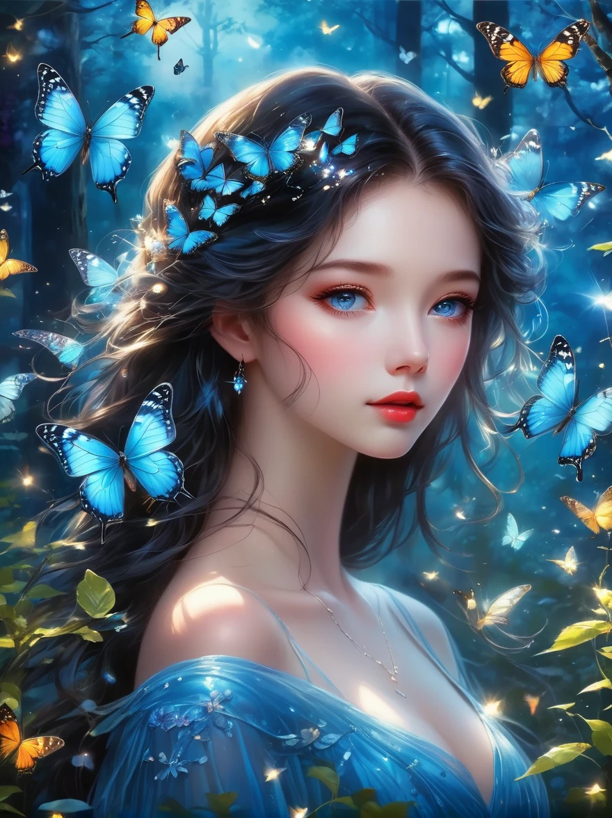 Un papillon bleu scintillant dans les airs，Ses ailes scintillent sur fond de forêt sombre et lumineuse，Le vol des papillons est comme un beau ballet de la nature，Incarner la paix et la tranquillité。Ses yeux composés brillent dans la lumière ambiante，Cela donne aux gens un sentiment de profonde sagesse et de profonde tranquillité.，Le fond est le ciel bleu immaculé，En contraste frappant avec la forêt sombre，Ajoute un paysage charmant。