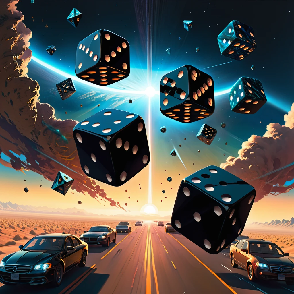 Two antique black dice are tossed over our planet in dynamic flight. Doubleexposure. Hyperrealism. Hyperdetalization. Gloominess. Dramatic. 32k., outer space, vanishing point, super highway, high speed, digital render, digital painting, beeple, noah bradley, cyril roland, ross tran, trending on artstation, ultra HD, bright colors, high detail, UHD pen and ink, perfect composition, intricate, high quality, masterpiece. best quality,, super detail