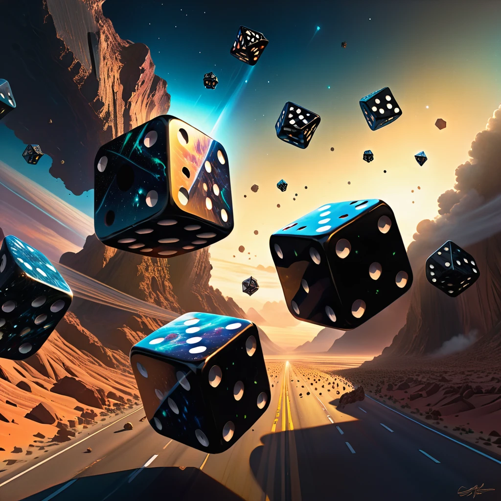 Two antique black dice are tossed over our planet in dynamic flight. Doubleexposure. Hyperrealism. Hyperdetalization. Gloominess. Dramatic. 32k., outer space, vanishing point, super highway, high speed, digital render, digital painting, beeple, noah bradley, cyril roland, ross tran, trending on artstation, ultra HD, bright colors, high detail, UHD pen and ink, perfect composition, intricate, high quality, masterpiece. best quality,, super detail