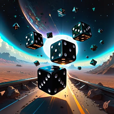 two antique black dice are tossed over our planet in dynamic flight. doubleexposure. hyperrealism. hyperdetalization. gloominess...