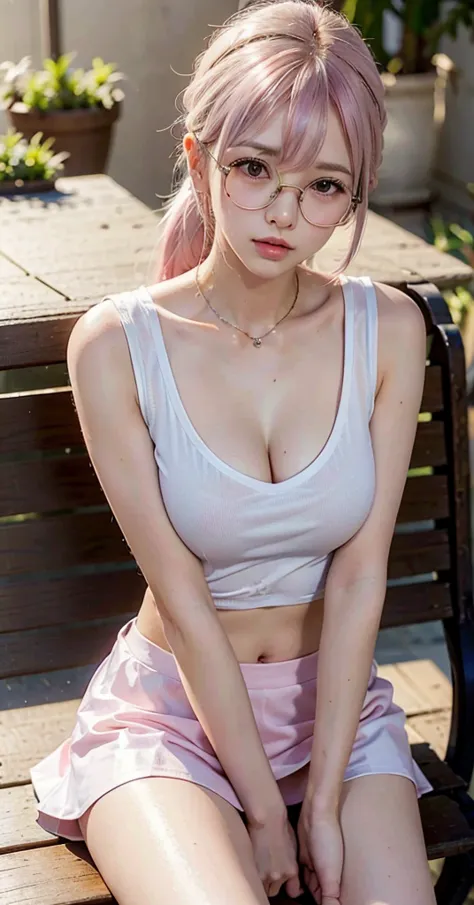 realistic, 1girl, sitting on bench, eye glasses, light pink hair, ponytailed hairstyle, silky hair, hair with bangs, skinny whit...