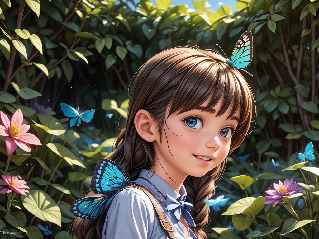 (best quality,4k,8k,highres:1.2),ultra-detailed,(realistic,photorealistic,photo-realistic:1.37),vibrant colors,bright lighting,beautiful (blue butterfly) wings,delicate flower petals,lush green garden,serene atmosphere,detailed plants and leaves,breathtaking sunlight,ethereal glow,natural beauty,subtle shadows,creative composition,impressive depth,young girl with butterfly wings,fantasy elements,magical transformation,intense blue hues,harmonious color palette,bright and cheerful mood,soft and graceful movement,dappled sunlight filtering through trees,peaceful and dreamlike scene,joyful and free-spirited demeanor,dimensions:landscape