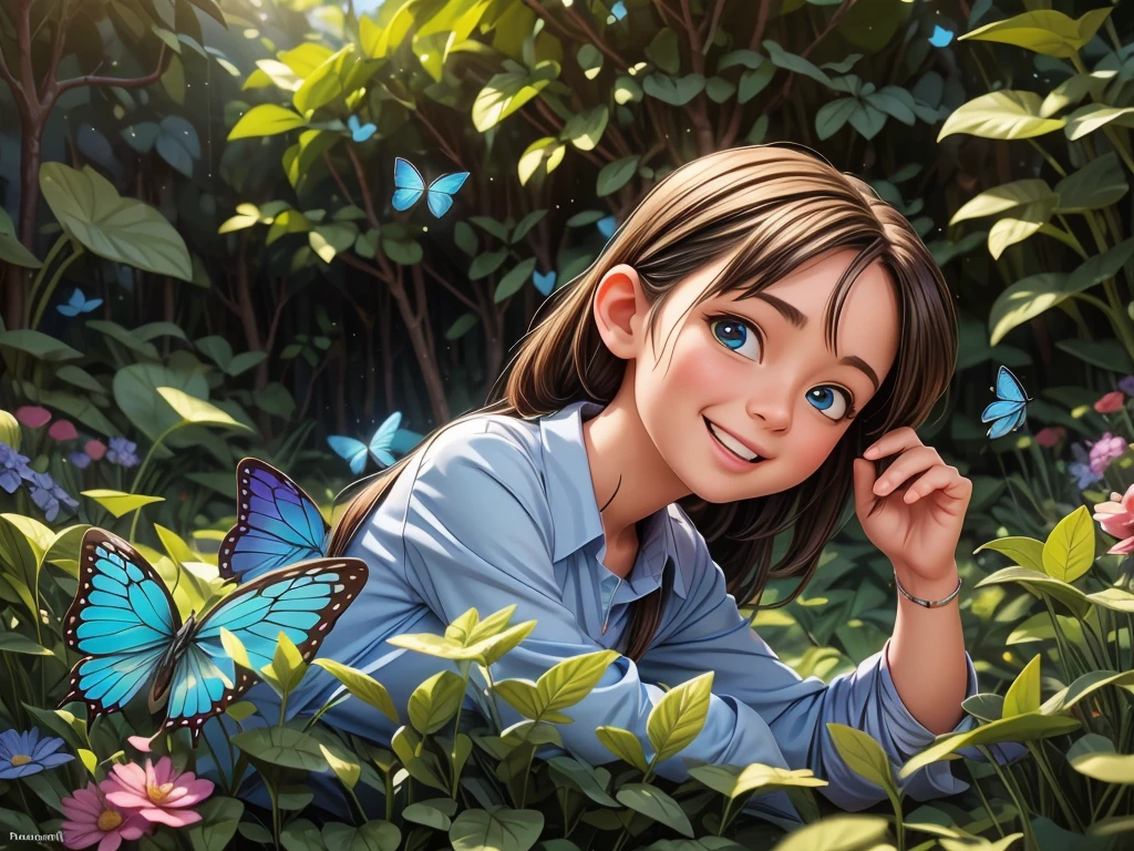 (best quality,4k,8k,highres:1.2),ultra-detailed,(realistic,photorealistic,photo-realistic:1.37),vibrant colors,bright lighting,beautiful (blue butterfly) wings,delicate flower petals,lush green garden,serene atmosphere,detailed plants and leaves,breathtaking sunlight,ethereal glow,natural beauty,subtle shadows,creative composition,impressive depth,young girl with butterfly wings,fantasy elements,magical transformation,intense blue hues,harmonious color palette,bright and cheerful mood,soft and graceful movement,dappled sunlight filtering through trees,peaceful and dreamlike scene,joyful and free-spirited demeanor,dimensions:landscape