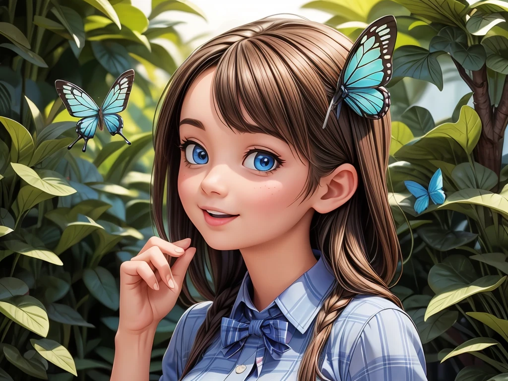 "(best quality,ultra-detailed),A girl with a tattoo of a blue butterfly, a large blue butterfly perched on her finger,illustration,vivid colors,soft lighting,close-up,beautiful detailed eyes,beautiful detailed lips"