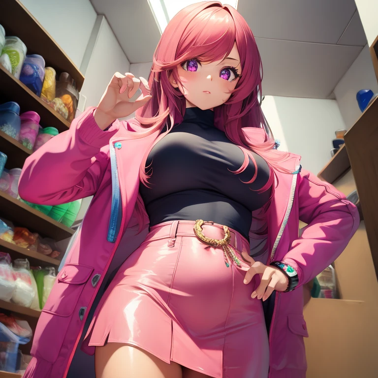 masterpiece, best quality, high resolution, UHD, 8k, ((cowboy shot)), BREAK, 1 girl, ((girl style anime)), Glossy skin, rounded eyes, beautiful eyelashes, realistic eyes, beautiful woman, with purple eyes, long hair, ((pink hair)), with red money piece highlights, pink clothing assembly, dressed in a pink double breasted coat, with a pink turtleneck t-shirt, wearing a pink skirt with bracelets on their wrists, perfect body, big breasts, BREAK, BREAK, in a clothe store very nice.