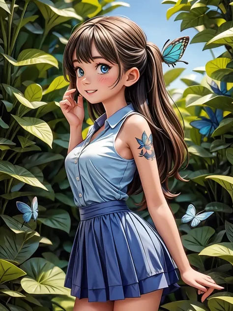 A girl with a tattoo of a blue butterfly, a large blue butterfly perched on her finger, full body