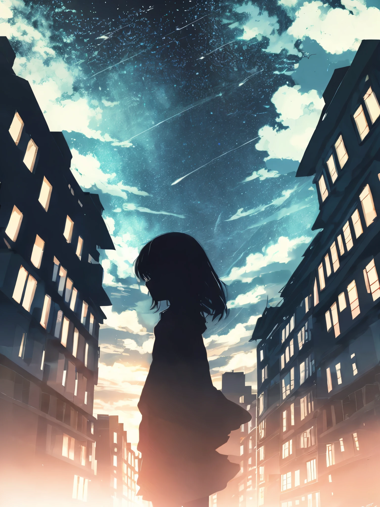 anime,silhouette,1girl, star (sky), cloud, cityscape, building, city, outdoors, skyscraper, city lights, night, night sky, sunset, skyline