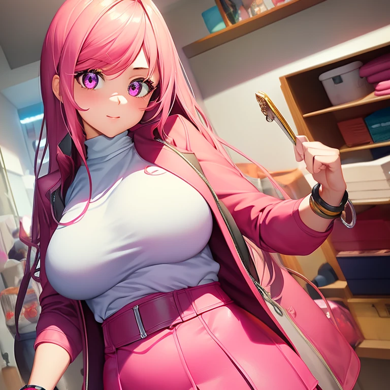 masterpiece, best quality, high resolution, UHD, 8k, ((cowboy shot)), BREAK, 1 girl, ((girl style anime)), Glossy skin, rounded eyes, beautiful eyelashes, realistic eyes, beautiful woman, with purple eyes, long hair, ((pink hair)), with red money piece highlights, pink trench coat, with a white turtleneck t-shirt, wearing a pink skirt with bracelets on their wrists, perfect body, big breasts, BREAK, BREAK, in a clothe store very nice.