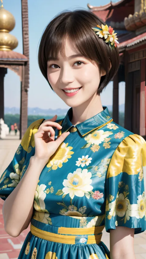217 Short Hair, 20-year-old woman, A kind smile, Floral, (Colorful Dresses, Luxury palace)