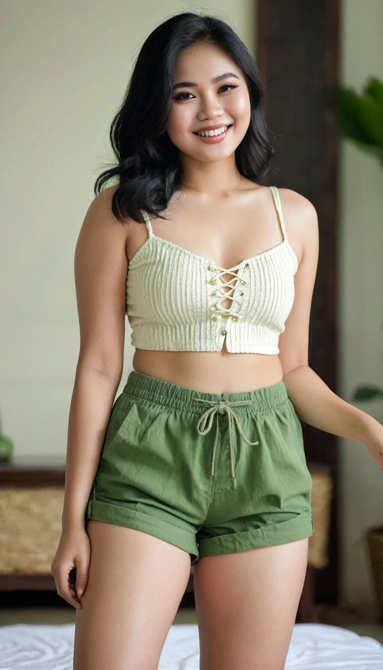 Indonesian Woman, age 20, dreamy white skin, small firm breast, a bit chubby, happiness, muscular body, wearing cream cotton top crop string, brown cotton shorts, medium wave long black hair, barefoot, living room scene, seduce pose on CANON 5D Mark IV, 135mm Lens, photoshoot, Depth of Field, intricately detail, hyperrealistic textures, focused, photography, white colour lighting tone.