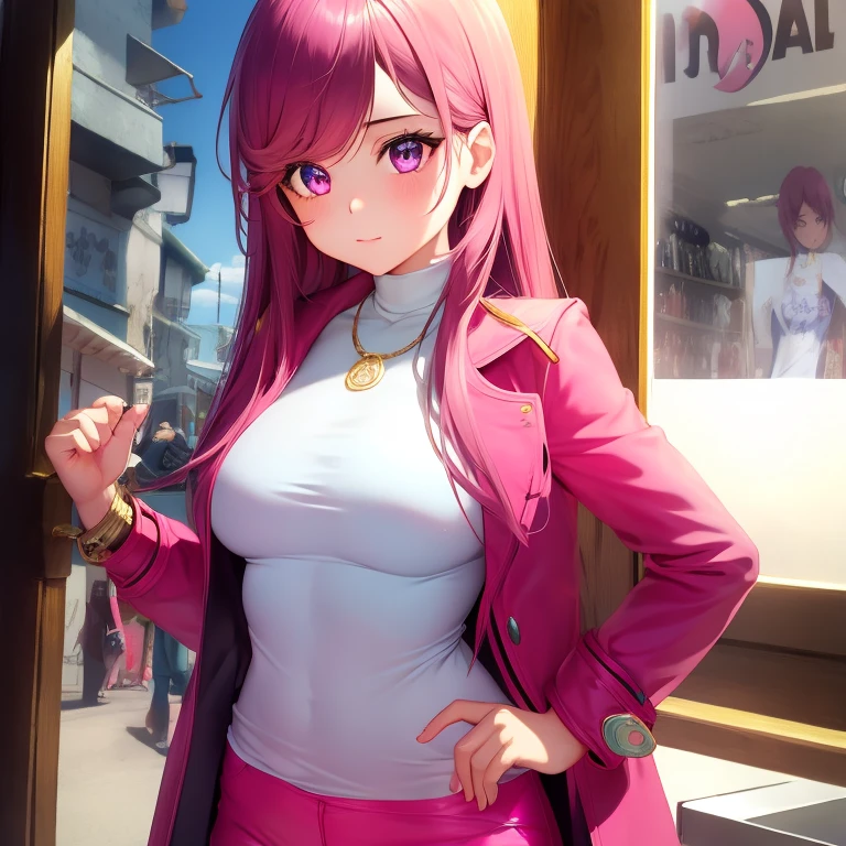 masterpiece, best quality, high resolution, UHD, 8k, ((cowboy shot)), BREAK, 1 girl, ((girl style anime)), Glossy skin, rounded eyes, beautiful eyelashes, realistic eyes, beautiful woman, with purple eyes, long hair, ((pink hair)), with red money piece highlights, pink trench coat, with a white turtleneck t-shirt, wearing a pink pants with bracelets on their wrists, with a shiny gold necklace, golden earrings and gold bracelet, perfect body, medium breasts, BREAK, BREAK, in a caffe store