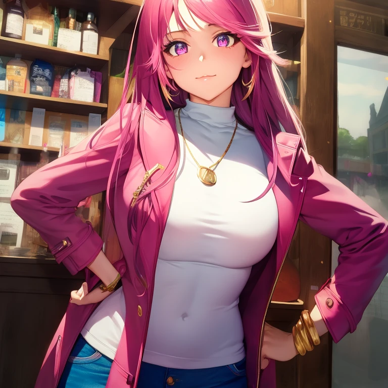 masterpiece, best quality, high resolution, UHD, 8k, ((cowboy shot)), BREAK, 1 girl, ((girl style anime)), Glossy skin, rounded eyes, beautiful eyelashes, realistic eyes, beautiful woman, with purple eyes, long hair, ((pink hair)), with red money piece highlights, pink trench coat, with a white turtleneck t-shirt, wearing a pink pants with bracelets on their wrists, with a shiny gold necklace, golden earrings and gold bracelet, perfect body, medium breasts, BREAK, BREAK, in a caffe store