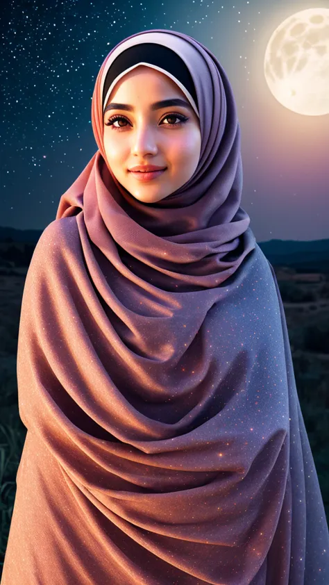 Create a single hyper realistic image of a beautifull hijab girl in an outstanding scene of full moon in a starry night, hyper r...