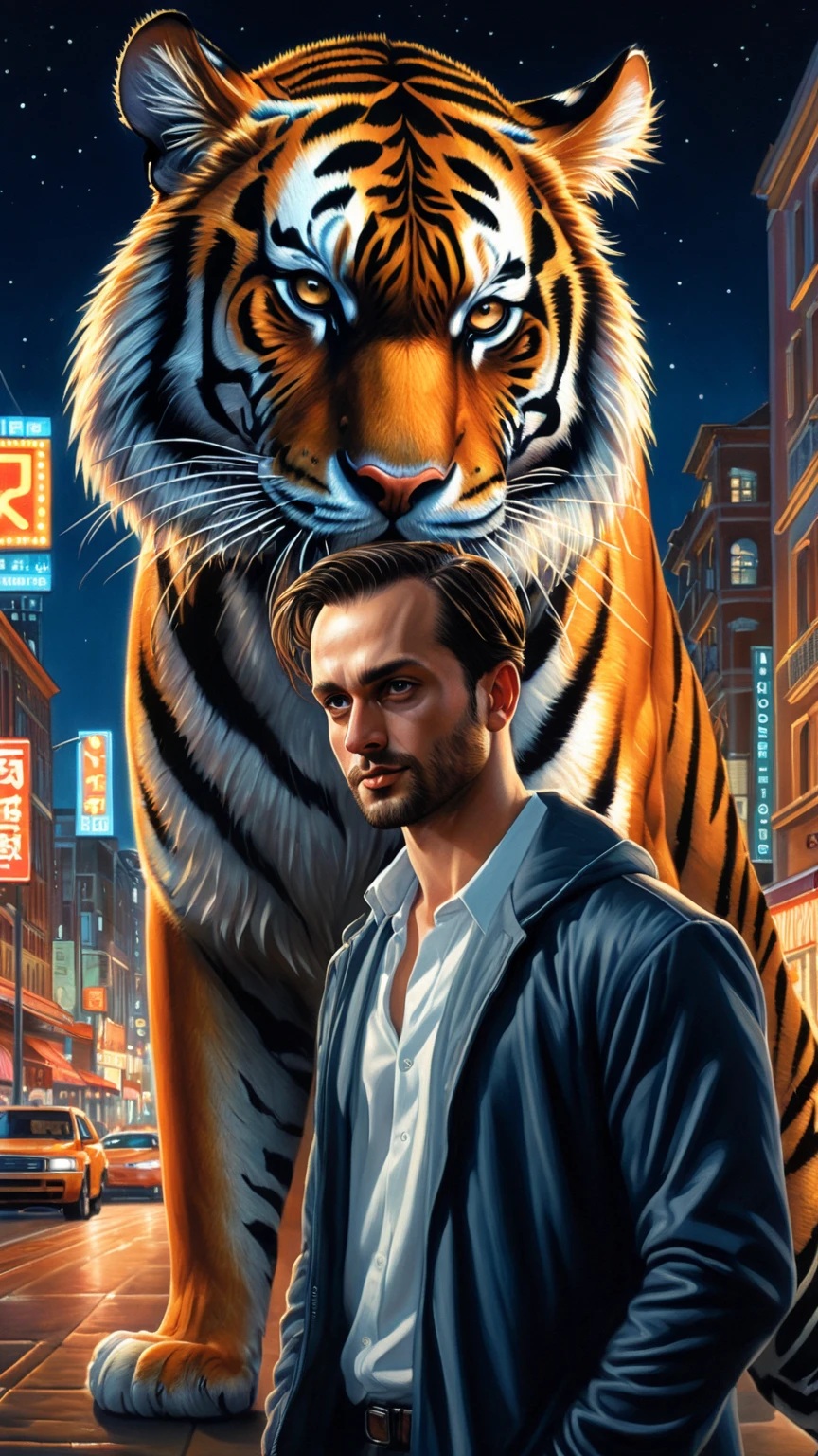 drawing of a man, with (hyper-detailed face: 1,3), posing next to his tiger. Street, night, illuminated buildings, hyperrealistic background, blurred background. By Alex Ross, detailed, 8k