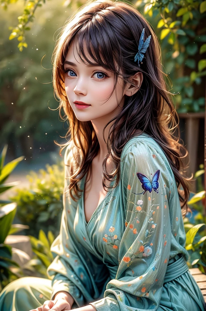 (best quality,4k,8k,highres,masterpiece:1.2),ultra-detailed,(realistic,photorealistic,photo-realistic:1.37),oil painting,detailed facial features,girl,blue butterfly tattoo,blue butterfly on finger,feminine,serene expression,flowing dress,standing gracefully,green park,beautiful flowers,bright sunlight,vibrant colors,soft focus,impressionist style,harmonious color palette,subtle lighting