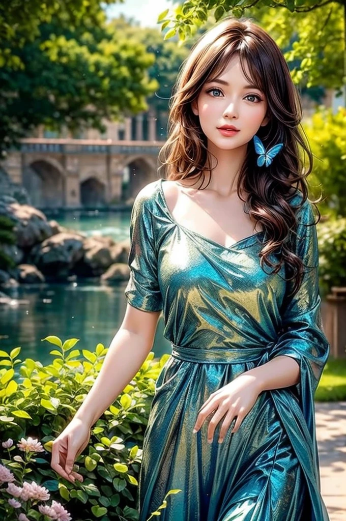 (Лучшее качество,4K,8К,Высокое разрешение,шедевр:1.2),ультрадетализированный,(реалистичный,photoреалистичный,photo-реалистичный:1.37),картина маслом,подробные черты лица,девочка,татуировка синей бабочки,синяя бабочка на пальце,женский,Безмятежное выражение,струящееся платье,Стоя изящно,зеленый парк,красивые цветы,Яркий солнечный свет,яркие цвета,Мягкий фокус,импрессионистический стиль,Гармоничная цветовая палитра,тонкое освещение
