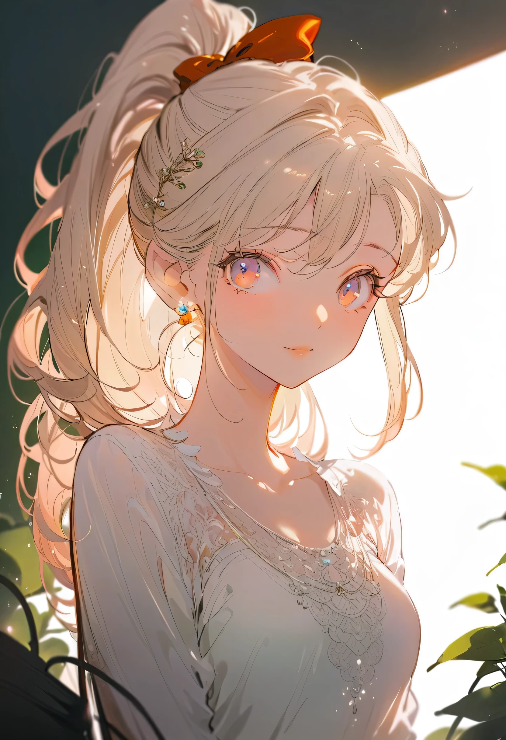 high resolution, masterpiece,Highest quality, Super detailed, (Delicate eyes), (Delicate face), 1 Girl,illustration, white hair, Red Eyes, Highest detail, (Bright Eyes), Flat Breasts,  Backlight, (diaphragm:1.4), light, High contrast, rich and colorful,room_Idol, (Ponytail:1.2),(Happy:1.2),Looking at the audience,Upper Body,(White shirt:1.3),(Batwing hat),(Hairpin:1.2)